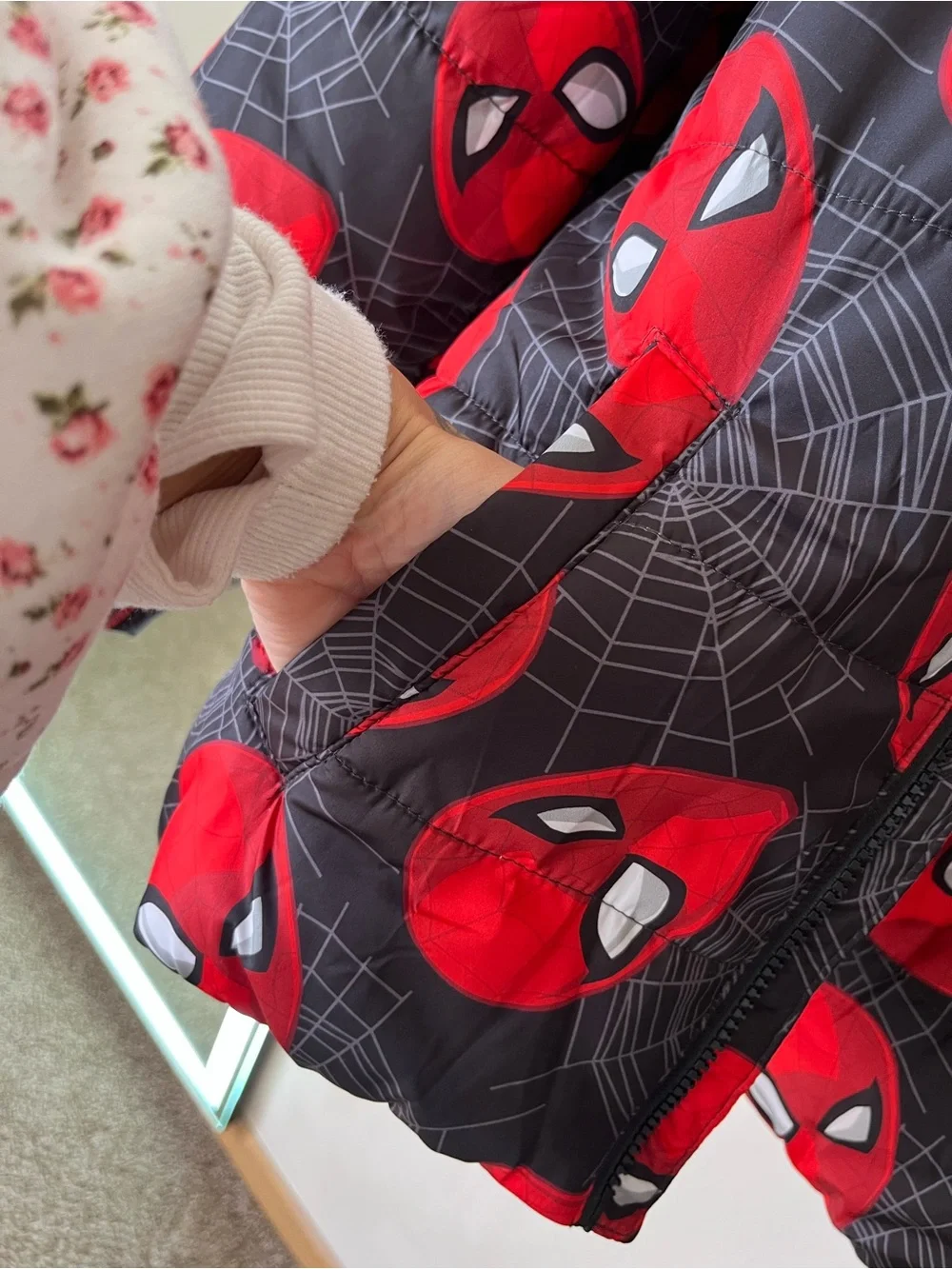 Marvel Black Puffer Jacket with Red Spider-Man Face Print